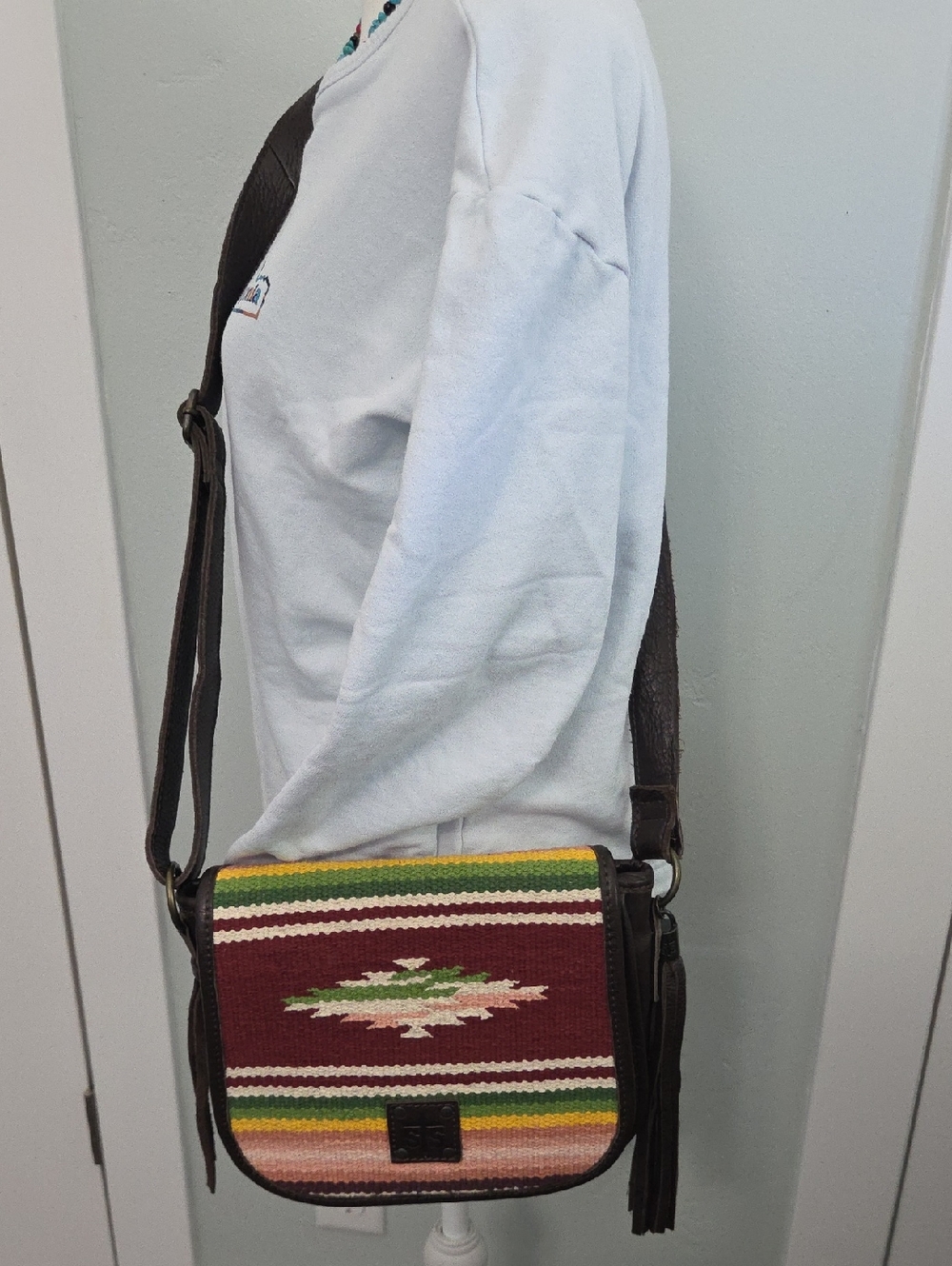 STS Ranch Buffalo Girl Woven Crossbody Bag with Multicolor Stripe Accent